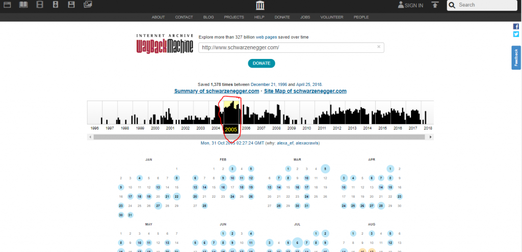 choosing the date to view of an archived web page