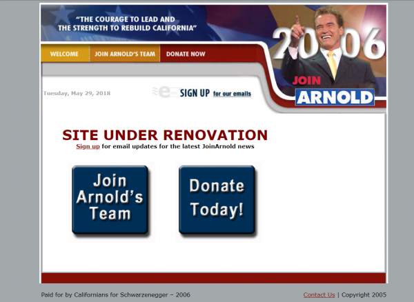 Screen capture of JoinArnold.com 2006