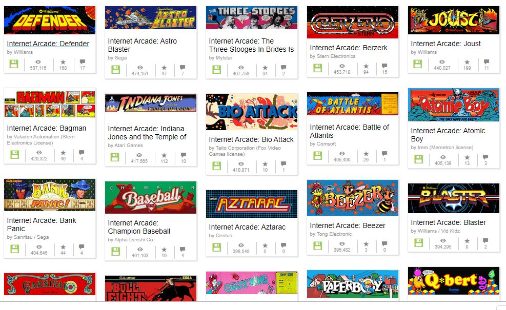 Sample of some of the Arcade games available in the Internet Archive